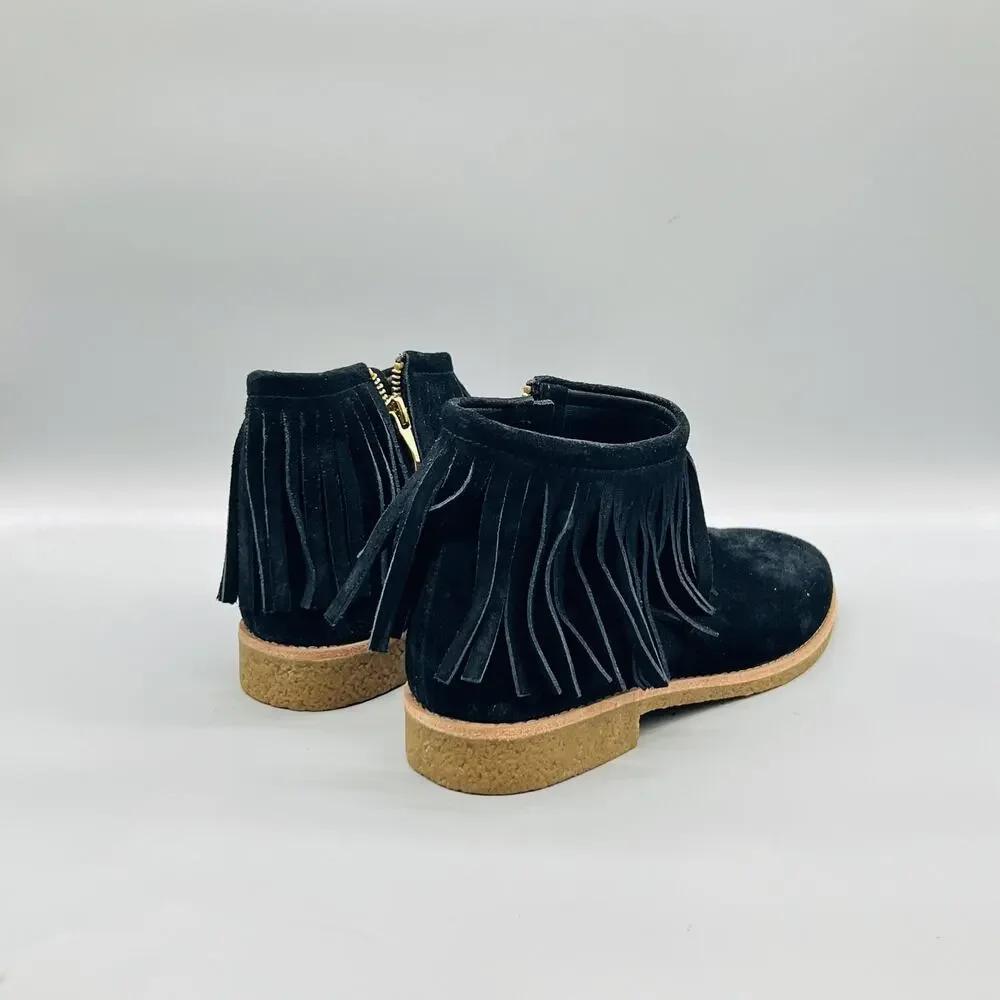 Kate Spade Boots Womens 10 Black Suede Fringe Ankle Low Heel Booties Shoes